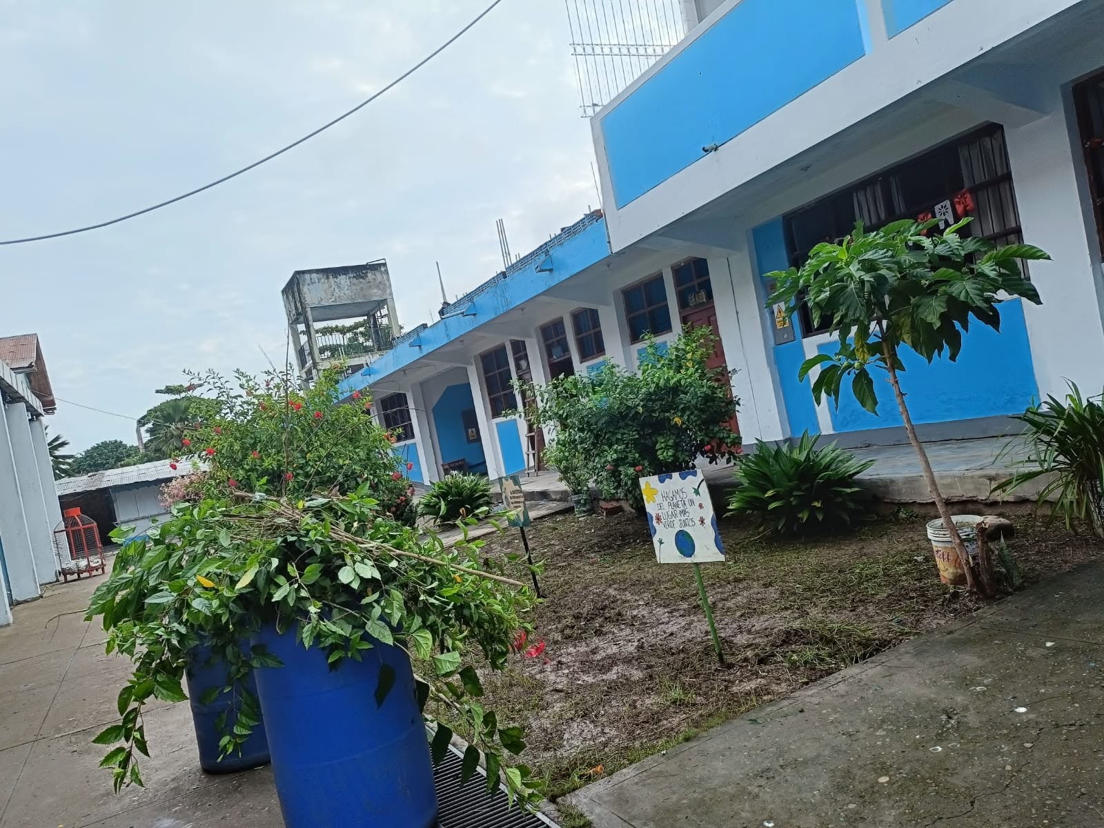 Áreas verdes del colegio con plantas, arbustos y un cartel elaborado por estudiantes que promueve el cuidado del planeta.